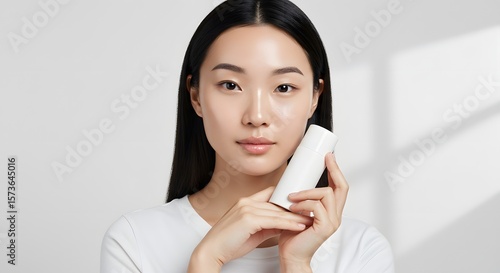 Asian woman holding skincare product, beauty and cosmetics concept