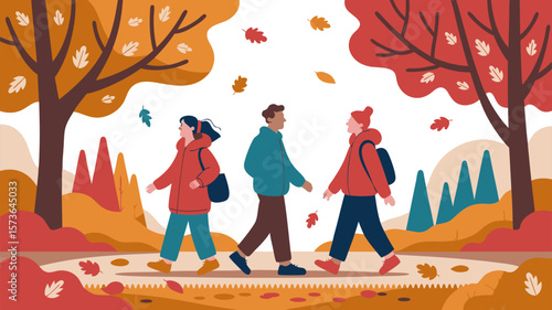 Autumn stroll illustration of three individuals walking in a park landscape scenery