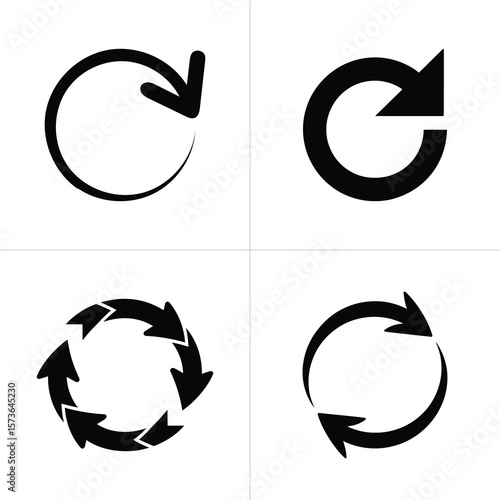 Four Black Arrow Circular Rotation Graphics Symbolizing Refresh, Reload, Recycle or Update Concepts