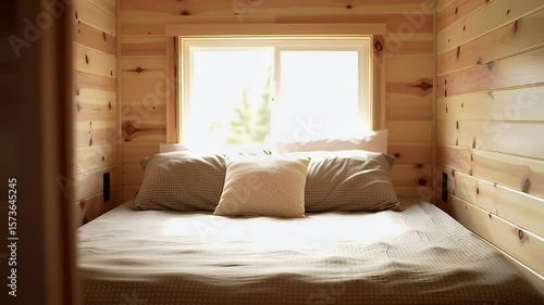 Wallpaper Mural Cozy, sunlit bedroom with wood paneling and a window view Torontodigital.ca