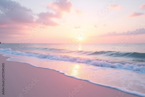 Fototapeta Naklejka Na Ścianę i Meble -  Beautiful pink sand beach at sunset with soft waves and pastel sky nature ocean landscape photography 