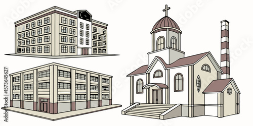 Urban Architecture Ensemble: A collection of buildings showcases diverse architectural styles, each structure a testament to human creativity and design.