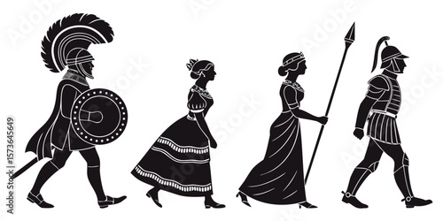 Ancient procession: Silhouette of warriors and figures from ancient times, marching proudly forward, reflecting a cultural narrative and the valor of history.