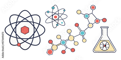 Atoms and Molecules: A detailed depiction of molecular structures, including atoms and flasks, symbolizing the essence of scientific investigation.