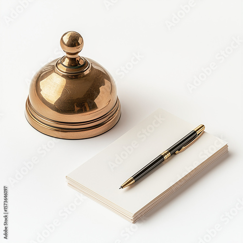 Hotel Reception Bell with Notepad and Pen. Classic gold hotel service bell placed beside a blank notepad and pen on a clean white background.