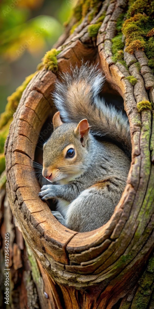 Naklejka premium A small gray squirrel curled up in a cozy tree hole
