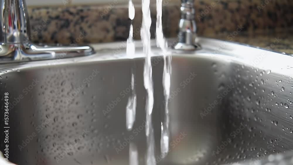 Water streams into a stainless steel sink with wet droplets on its sides Water streams into a stainless steel sink with wet droplets on its sides