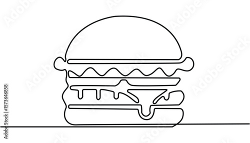 Burger one line drawing minimalist outline vector illustration. Single line drawing of hamburger, Junk food, fast food concept single line. Burger continuous one line drawing.