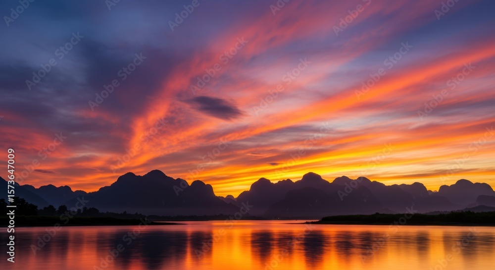Fototapeta premium Stunning Sunset over Serene Mountain Lake Landscape: Vibrant Colors Paint the Sky and Water
