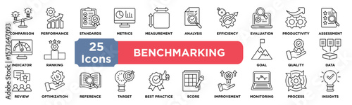 BENCHMARKING icon collection set. Containing comparison,performance,standards,metrics,measurement,analysis,efficiency,evaluation,productivity,assessment icon. Simple line vector.	