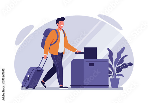 Smiling Traveler with Suitcase and Backpack Approaching Check-In Counter.