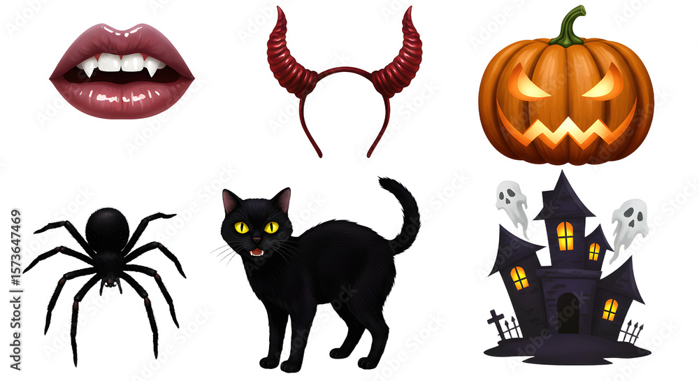 Obraz premium A vibrant Halloween-themed collage featuring spooky elements like a black cat, haunted house, pumpkin, and fangs
