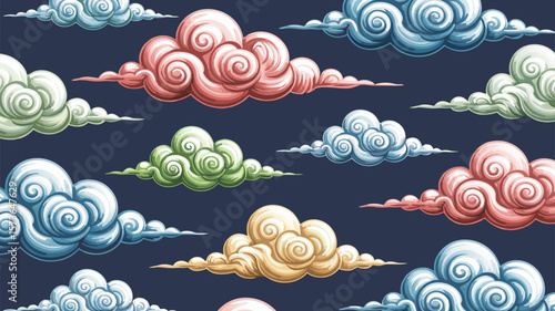 Ornamental cloudscape pattern with stylized and vibrant clouds on a deep blue background