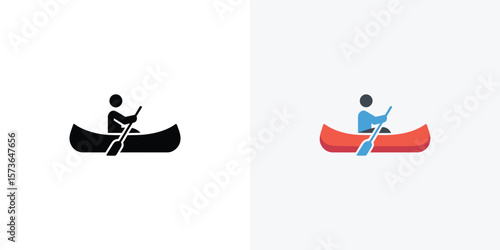 Man paddling a canoe with black and colorful icon versions against white backgrounds