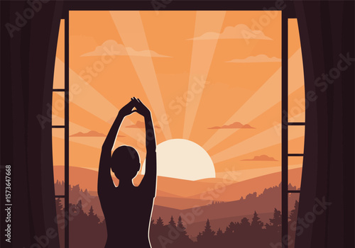 Silhouette of a woman stretching arms up towards the morning sun.