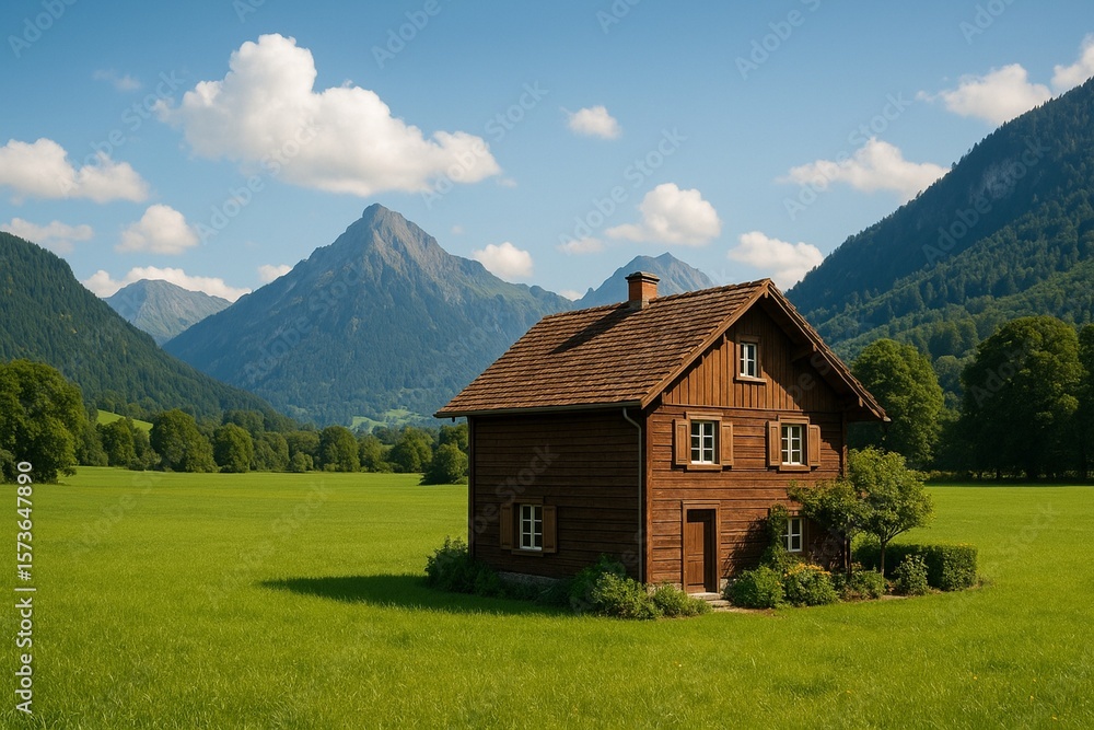 Peaceful Mountain Landscape with Rustic House and Meadow Peaceful Mountain Landscape with Rustic House and Meadow