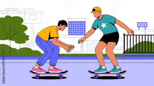 Two People Skateboarding Outdoors in an Abstract City Scene Vector