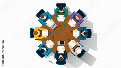 Business meeting scene showing people collaborating around a round table vector illustration