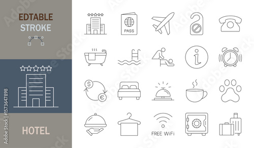 Hotel icon set. Hotel. Editable stroke. Vector illustration.