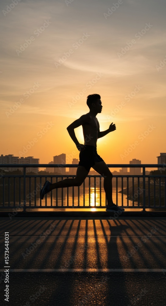 Fototapeta premium Silhouette of a Runner at Sunrise on a City Bridge: A Stunning Display of Determination and Urban Fitness
