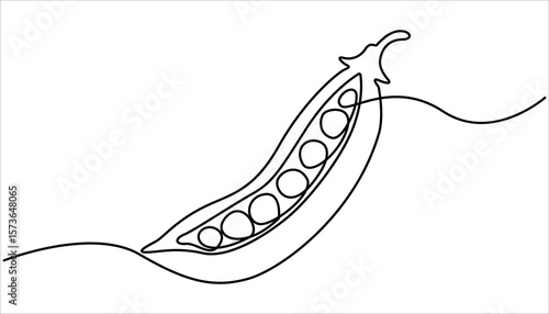 Continuous one line drawing of whole healthy organic pea for harvesting logo identity. Continuous one line drawing peas. Vector illustration. Single Line Drawing of Fresh Green Peas in Pod. 