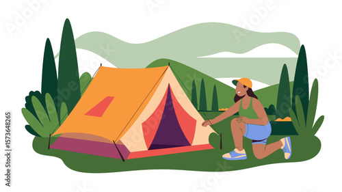Camping adventure illustration featuring a person pitching a tent in the wilderness adventure