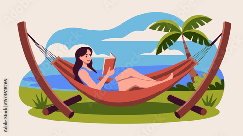 Relaxing woman in hammock reading a book vector illustration sunny day at beach