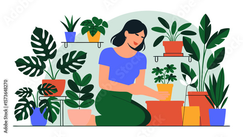 Woman tending indoor plants in a vibrant, colorful illustration about gardening