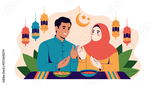 A Vector Illustration Depicting a Festive Celebration with a Smiling Couple