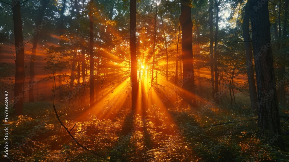 Fototapeta premium Golden sunburst shines through a dense forest of tall trees, illuminating the ground