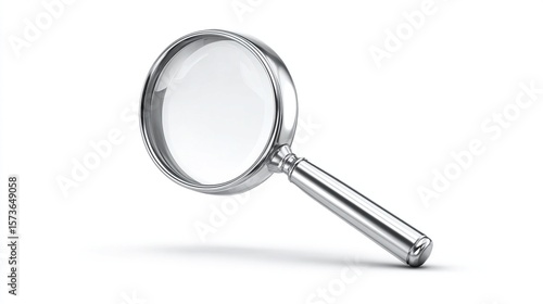 A metallic magnifying glass with a circular lens and a slender handle is angled slightly, casting a subtle shadow on a white background.  Its polished surface reflects light