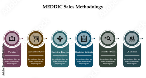 MEDDIC Sales Methodology. Infographic template with icons and description placeholder