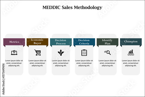 MEDDIC Sales Methodology. Infographic template with icons and description placeholder