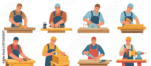 Carpenters Working with Wood at Workbenches