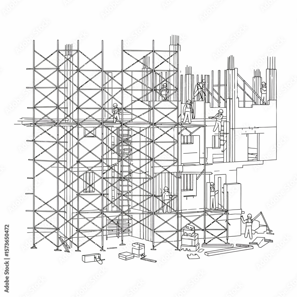 Obraz premium Construction workers building a structure, utilizing scaffolding, and working on various levels.