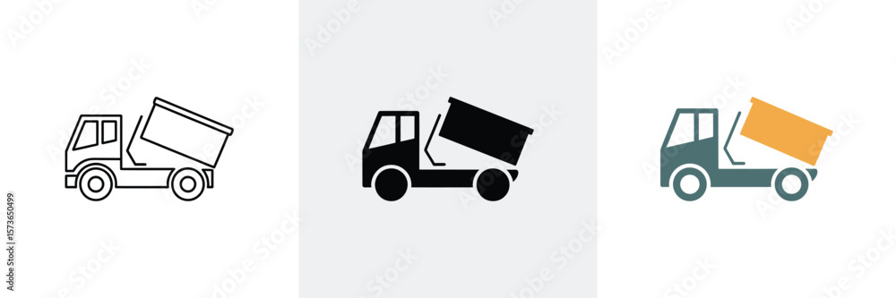 Fototapeta premium Three dump truck icons display different color schemes on a white background
