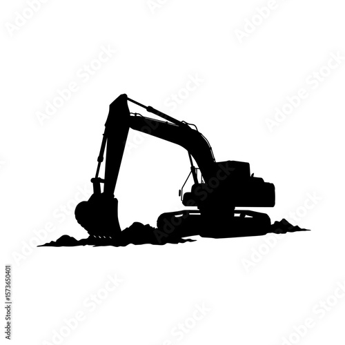 Silhouette of an excavator digging into the ground, with its arm raised.