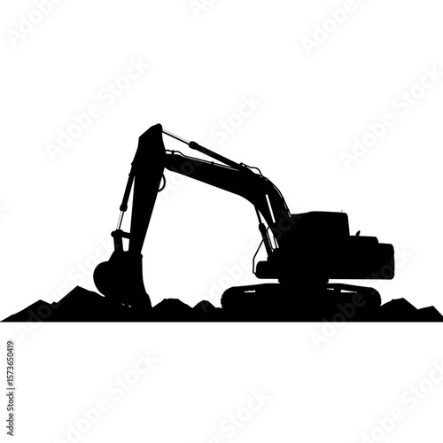 A powerful excavator silhouette digs earth, showcasing heavy machinery at work.