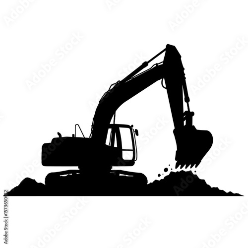 Silhouette of an excavator digging into a pile of dirt, with its arm extended and bucket scooping.
