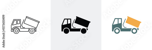 Three dump truck icons display different color schemes on a white background