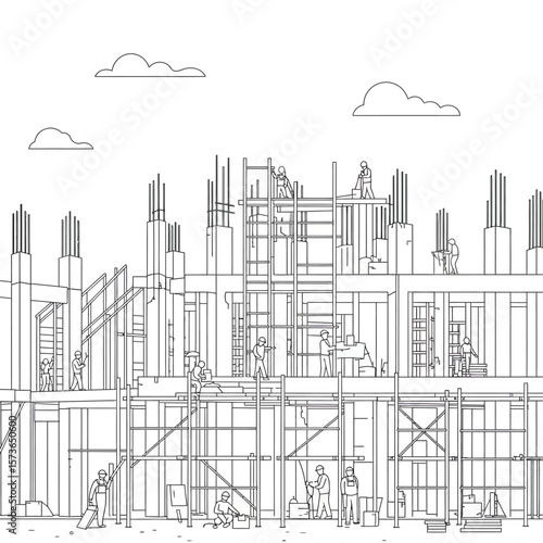 Construction workers building a concrete structure with scaffolding under a cloudy sky.