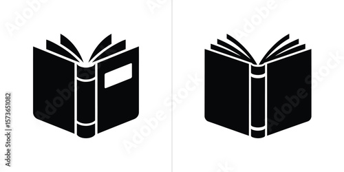 Two Black Book Icons with Opened Pages on a White Background, Simple Designs