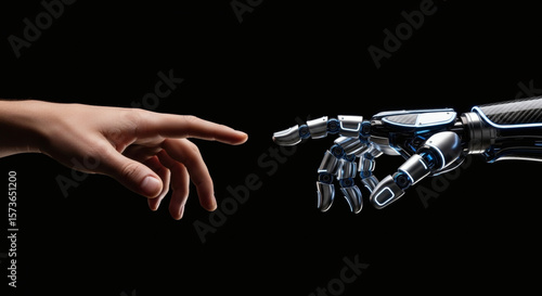 Human and Robot Hand Reaching: A human hand and a robotic hand reach towards each other, fingers almost touching, against a stark black background.