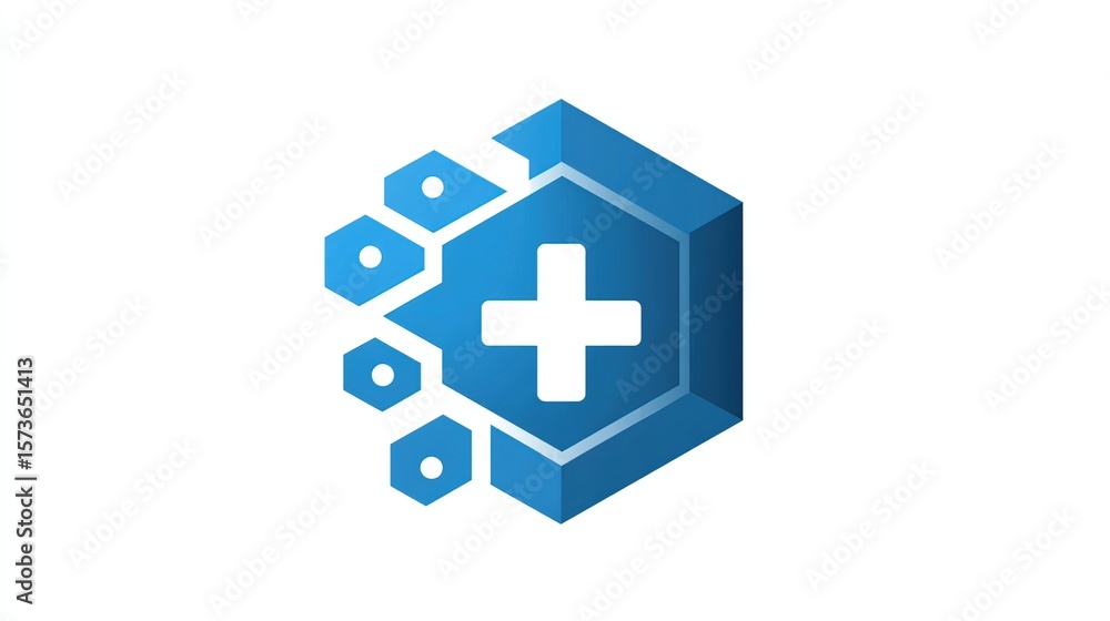 Obraz premium Abstract, tech-infused medical logo, hexagonal shape with plus sign