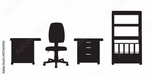 Minimalist workspace design: A clean, modern office interior featuring a streamlined silhouette of desk, chair, and shelving, providing a simplistic, functional, and organized office space.