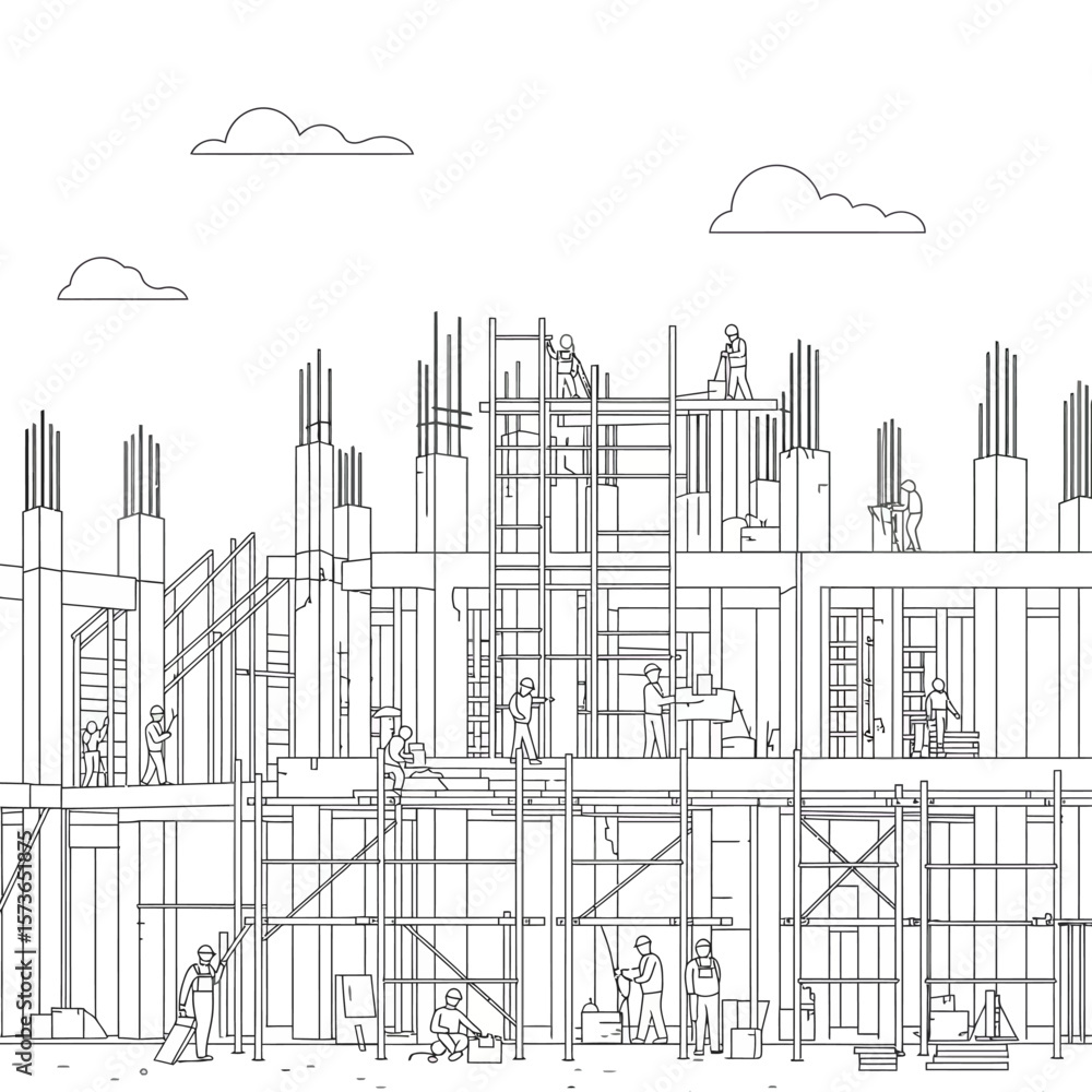 Obraz premium Construction workers building a multi-story structure with scaffolding and concrete pillars.