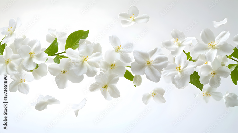 Obraz premium Beautiful white jasmine bloom suspended mid-air against a pristine white background, illustrating levitation and zero gravity concept—“Gravity Bloom” Ether Plant with delicate unseen blossom77453595 2