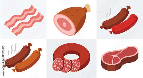 Various Meats Illustrated in Flat Style