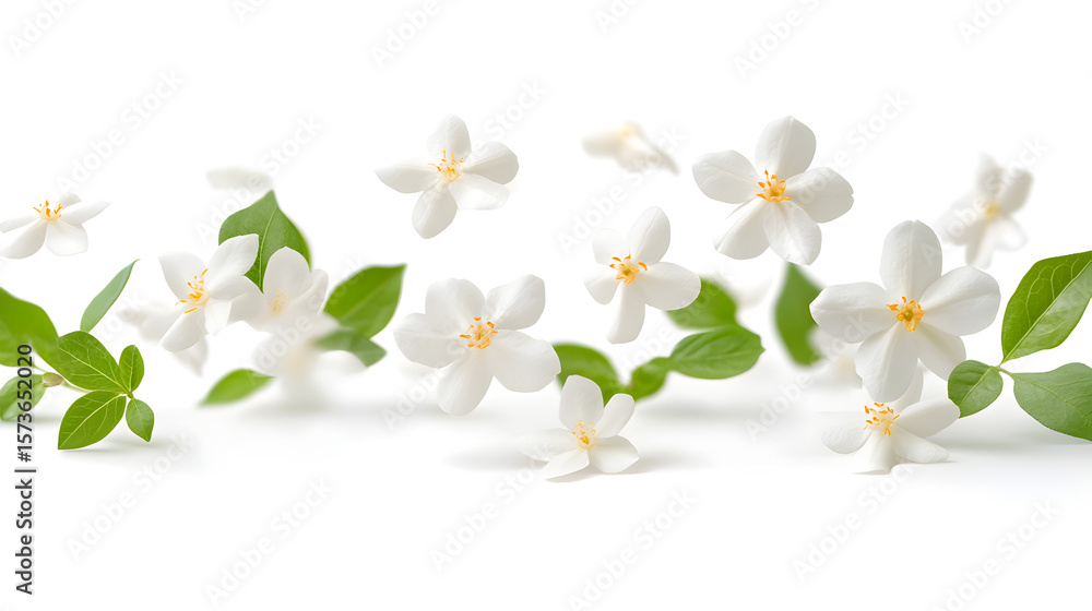 Fototapeta premium White jasmine bloom falling gracefully mid-air against a clean white background, depicting levitation and zero gravity concept with delicate petals—“Gravity Bloom” Ether Plant unseen bloom 76921802 3