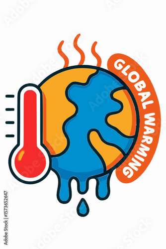 Global Warming Illustration with Melting Earth and Rising Thermometer isolated